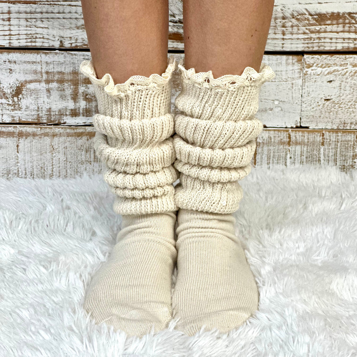 ULTIMATE chunky comfy  Beige cotton LACE slouch socks women , made USA, 1980s quality  thick scrunchy socks men women (6-9) (10-13) Catherine Cole signature socks