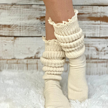 ULTIMATE chunky comfy  Beige cotton LACE slouch socks women , made USA, 1980s quality  thick scrunchy socks men women (6-9) (10-13) Catherine Cole signature socks