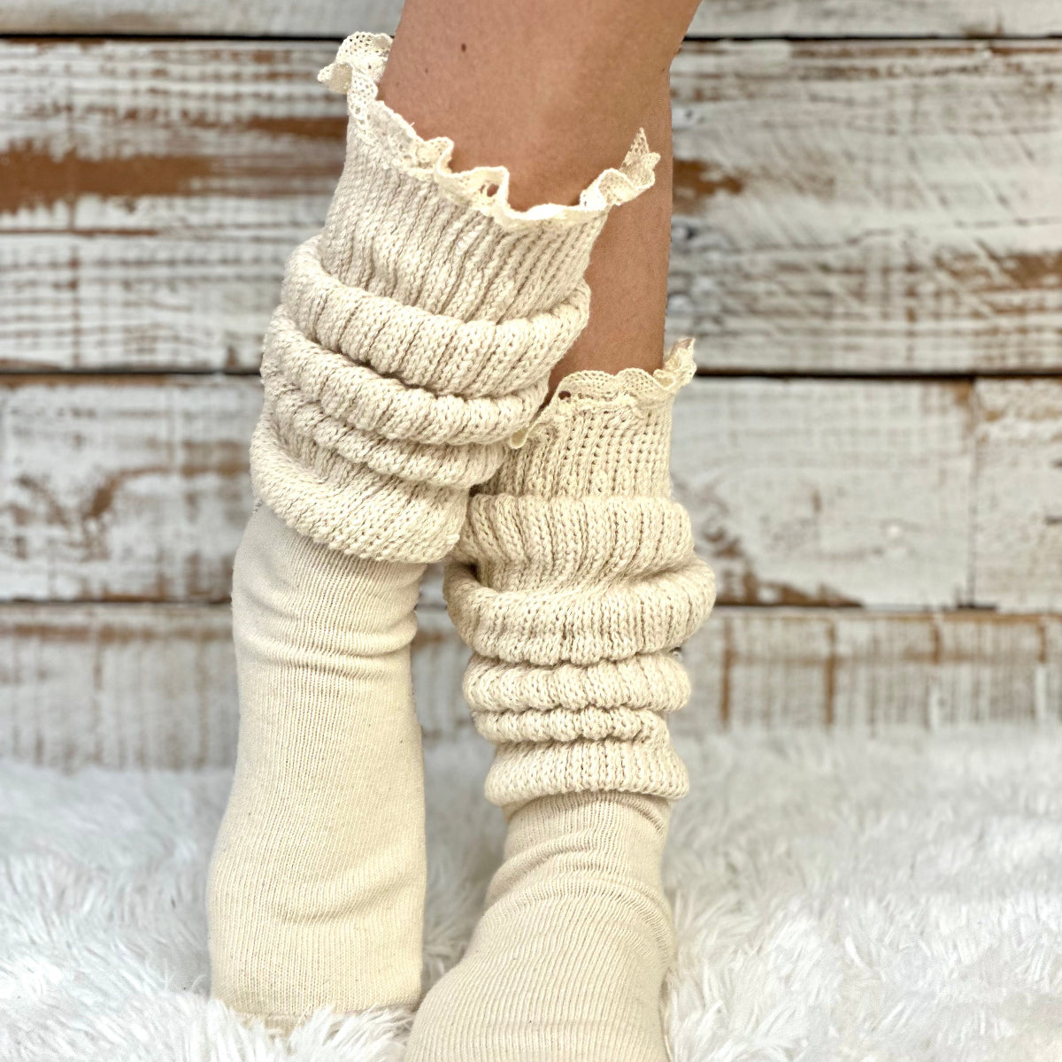 ULTIMATE chunky comfy  Beige cotton LACE slouch socks women , made USA, 1980s quality  thick scrunchy socks men women (6-9) (10-13) Catherine Cole signature socks