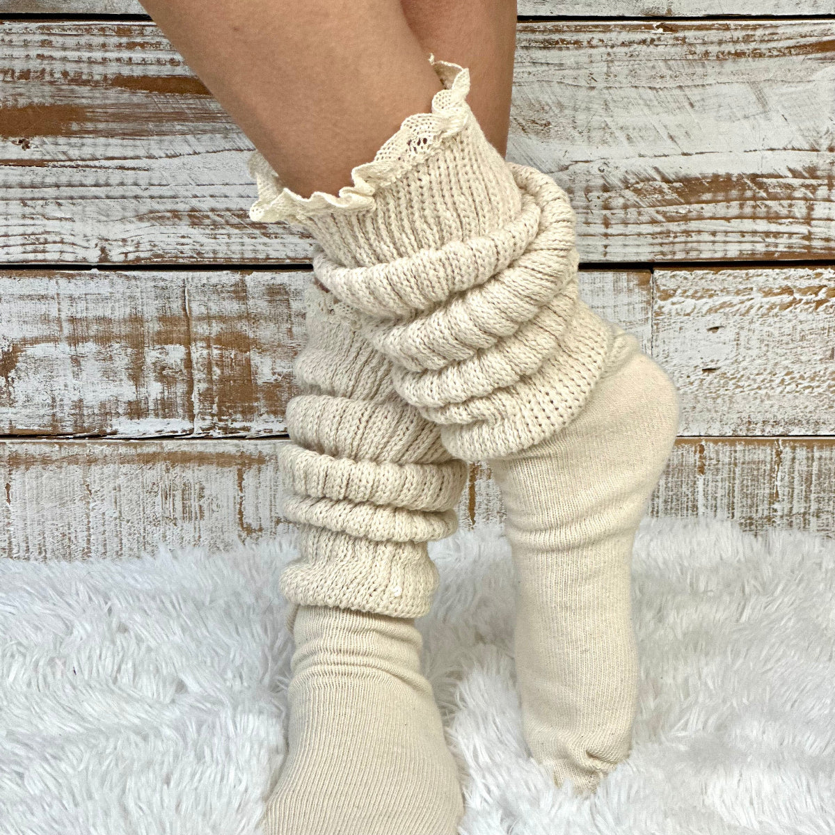 ULTIMATE chunky comfy  Beige cotton LACE slouch socks women , made USA, 1980s quality  thick scrunchy socks men women (6-9) (10-13) Catherine Cole signature socks