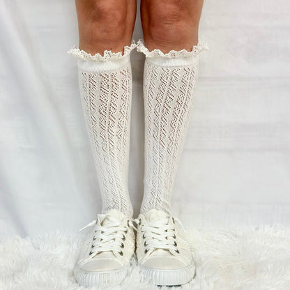 LOLITA tall lace pointelle knee socks women, cute summer fashion, socks for boots and sneakers. Catherine Cole signature socks