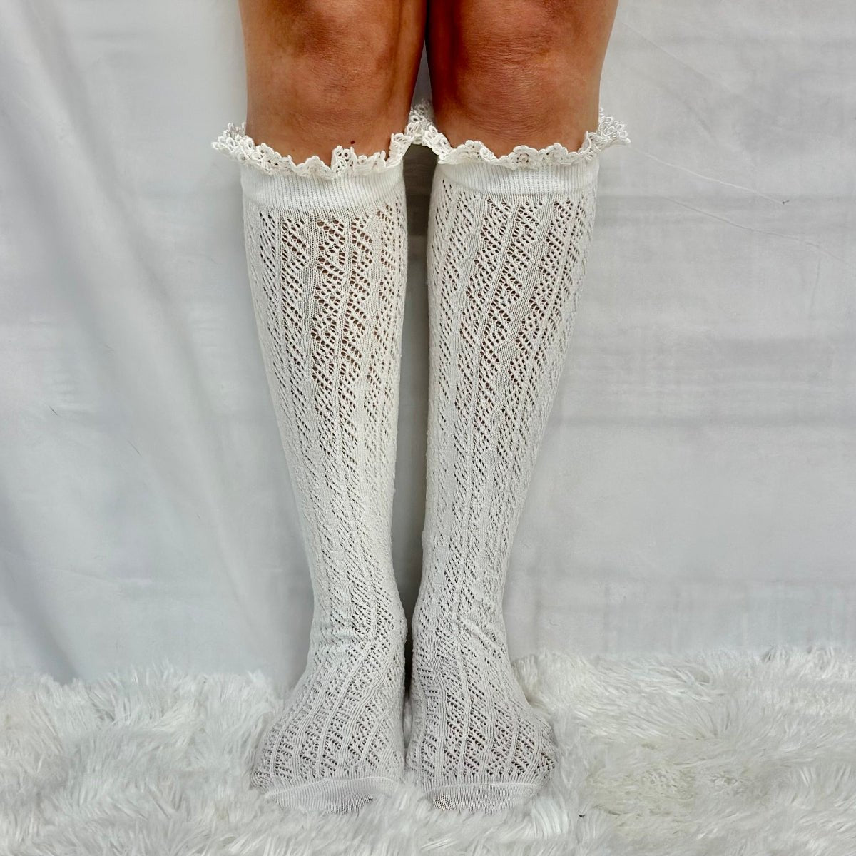 LOLITA tall lace pointelle knee socks women, cute summer fashion, socks for boots and sneakers. Catherine Cole signature socks