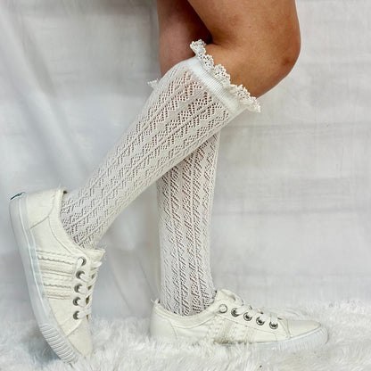 LOLITA tall lace pointelle knee socks women, cute summer fashion, socks for boots and sneakers. Catherine Cole signature socks