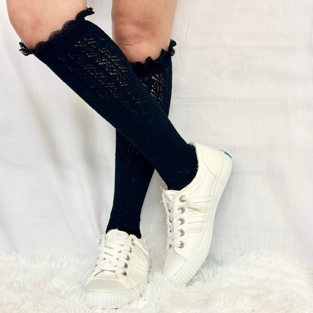 LOLITA tall lace pointelle knee socks women, cute summer fashion, socks for boots and sneakers. Catherine Cole signature socks