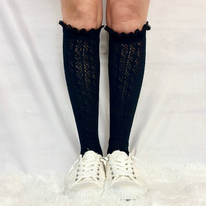 LOLITA tall lace pointelle knee socks women, cute summer fashion, socks for boots and sneakers. Catherine Cole signature socks