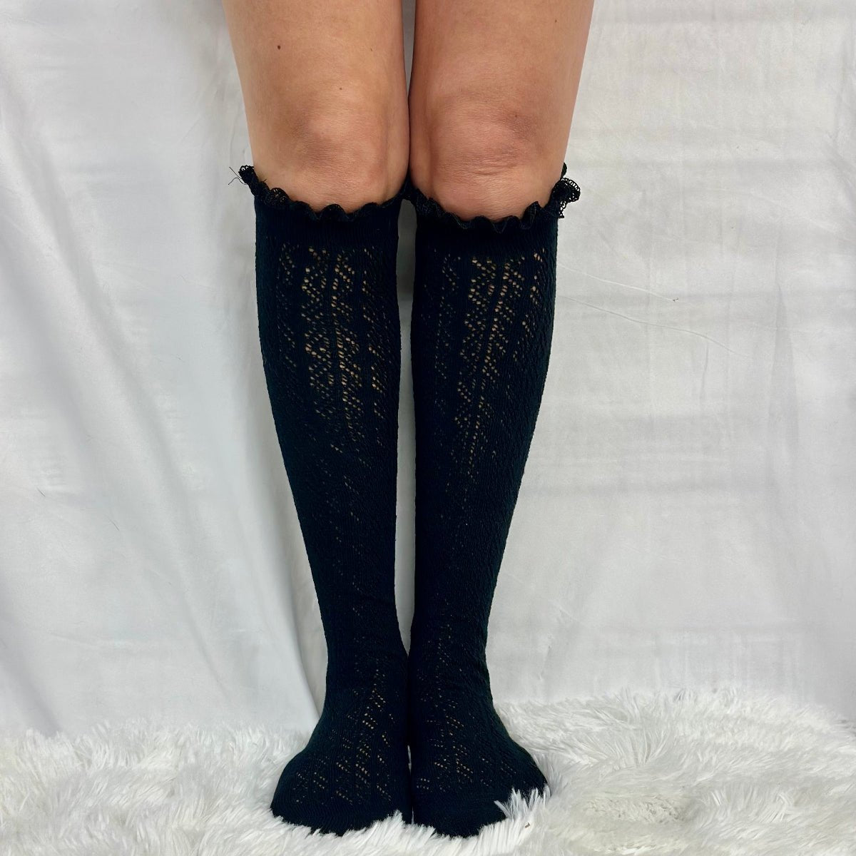 LOLITA tall lace pointelle knee socks women, cute summer fashion, socks for boots and sneakers. Catherine Cole signature socks