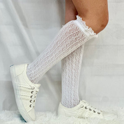LOLITA tall lace pointelle knee socks women, cute summer fashion, socks for boots and sneakers. Catherine Cole signature socks