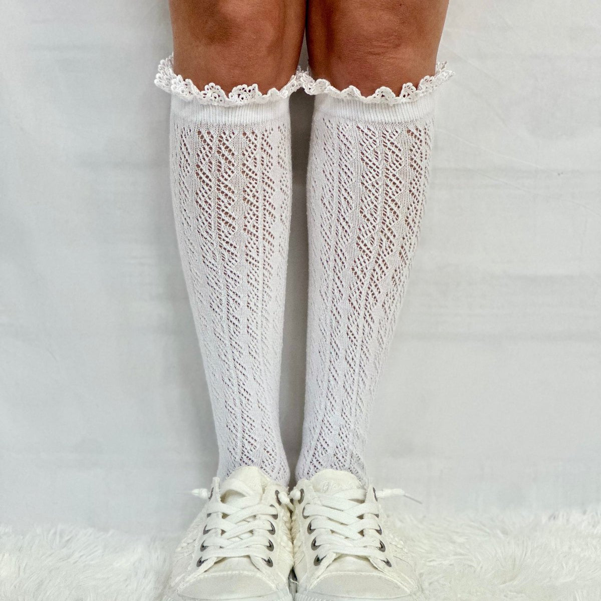 LOLITA tall lace pointelle knee socks women, cute summer fashion, socks for boots and sneakers. Catherine Cole signature socks