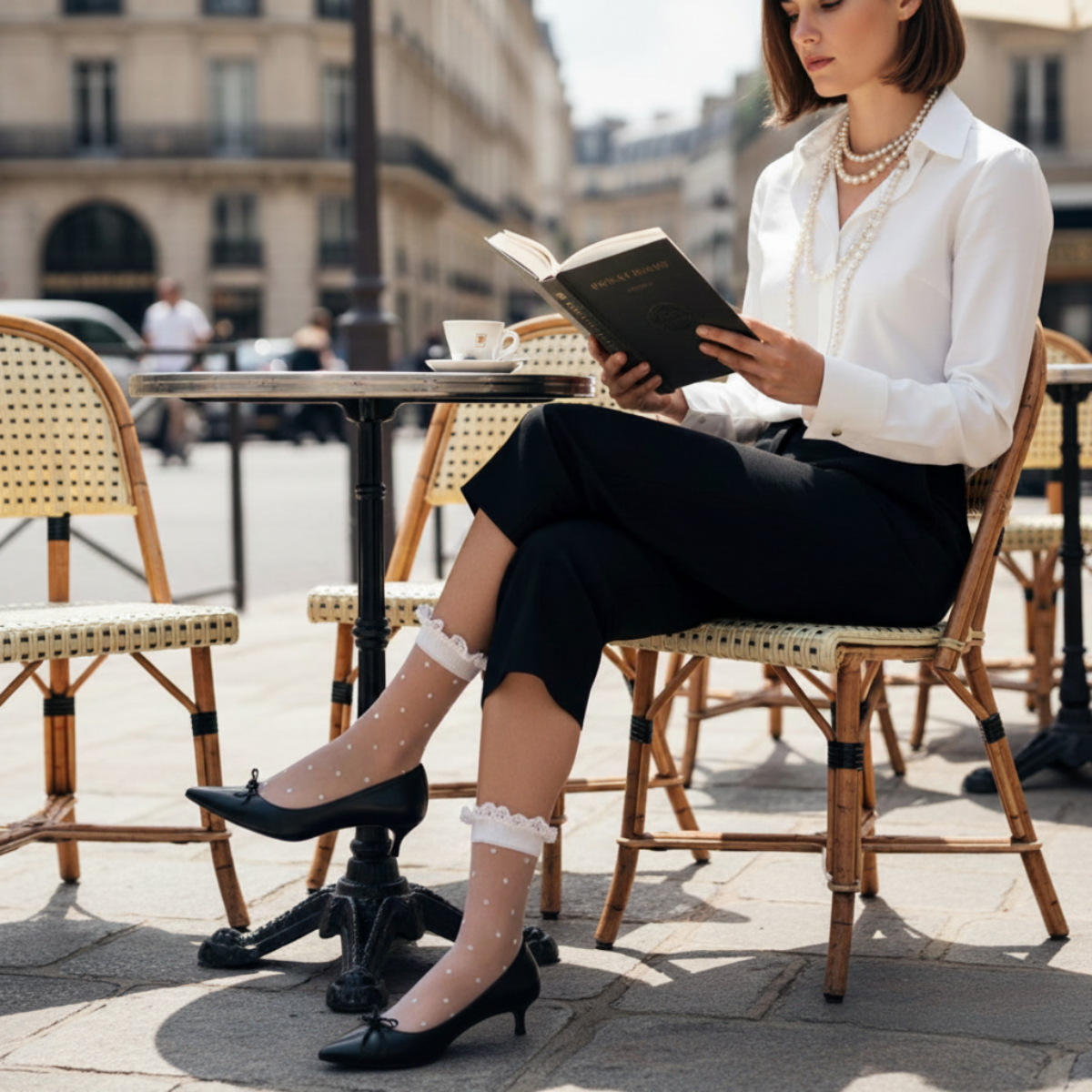 Woman reading a book outdoors in an urban setting Marilyn sheer dots socks for women