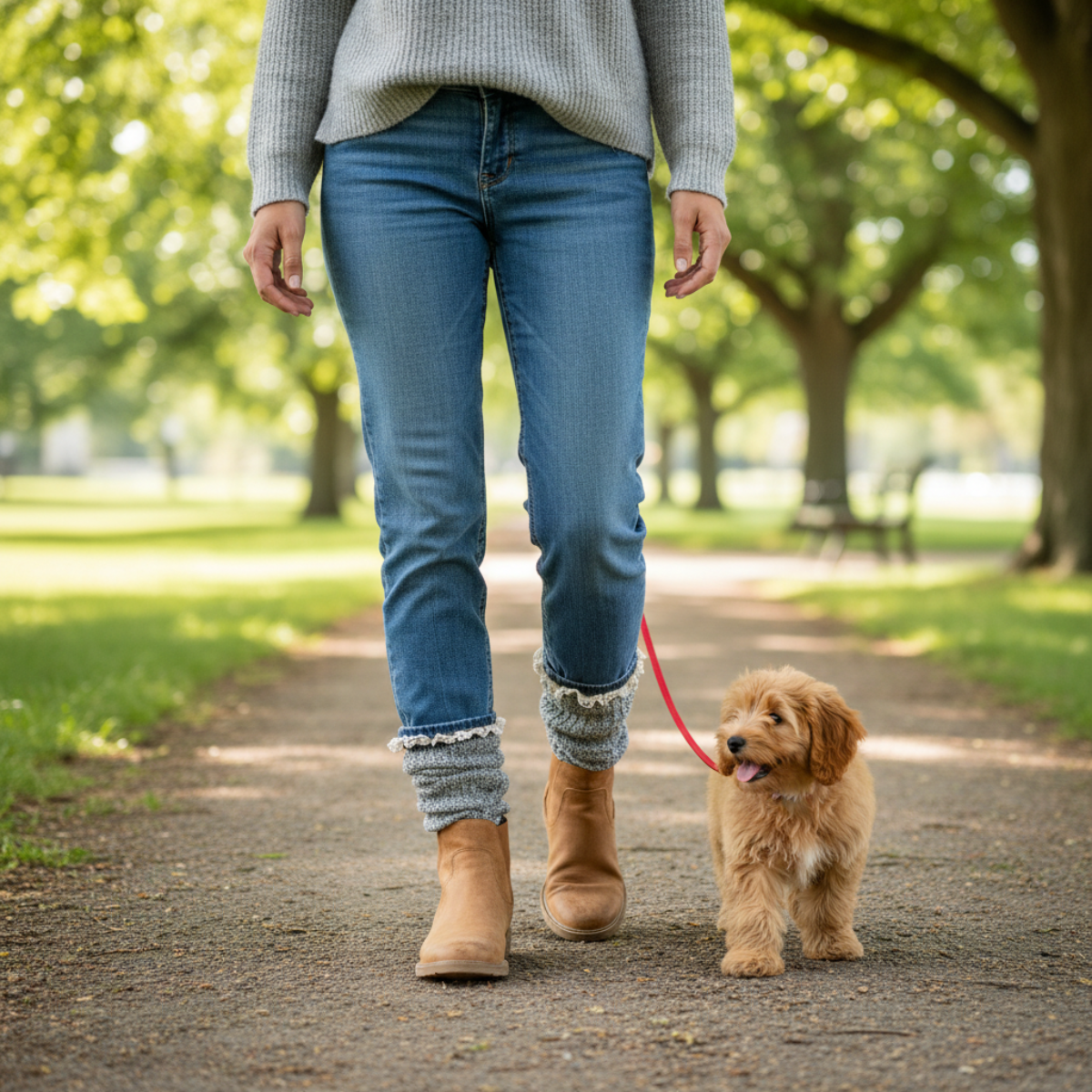 Person walking a small dog on a leash in a park