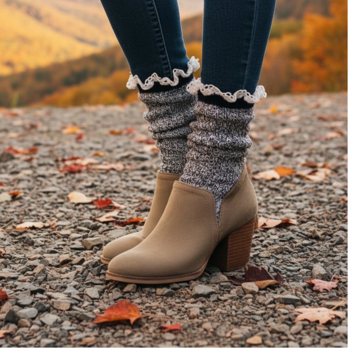 marled navy cotton lace top ankle boot socks women's fall fashiom