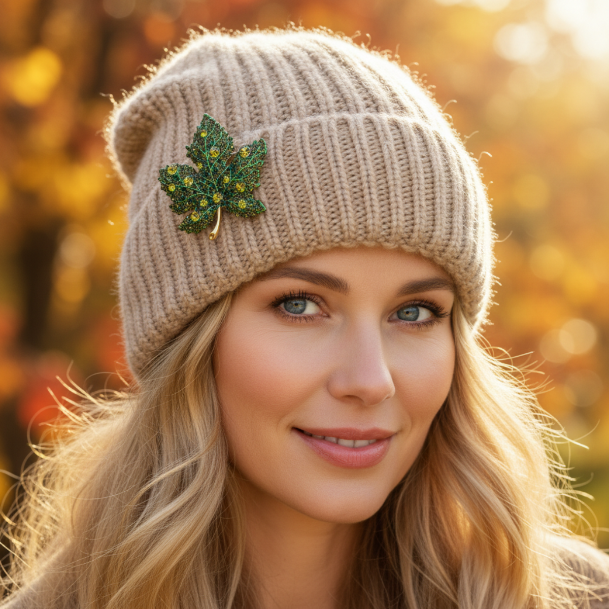 Woman wearing a beige knit hat with a green leaf brooch against an autumn background. Green Maple Leaf Crystal Brooch Pin 2" | Fall Rhinestone Leaf Pin