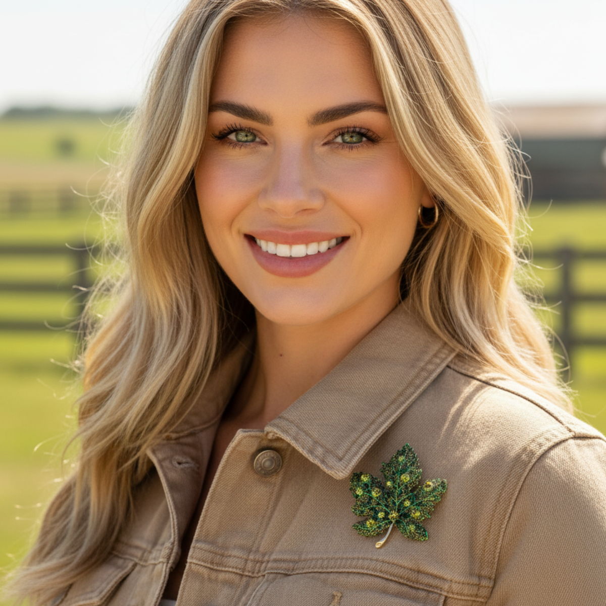 Woman wearing a beige jacket with a brooch in a field, Green Maple Leaf Crystal Brooch Pin 2" | Fall Rhinestone Leaf Pin
