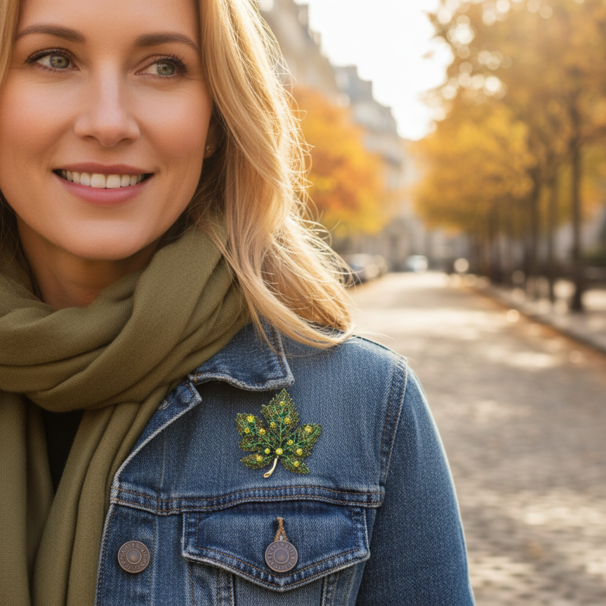 Woman wearing a denim jacket with a brooch, standing on a street lined with trees in autumn. Green Maple Leaf Crystal Brooch Pin 2" | Fall Rhinestone Leaf Pin
