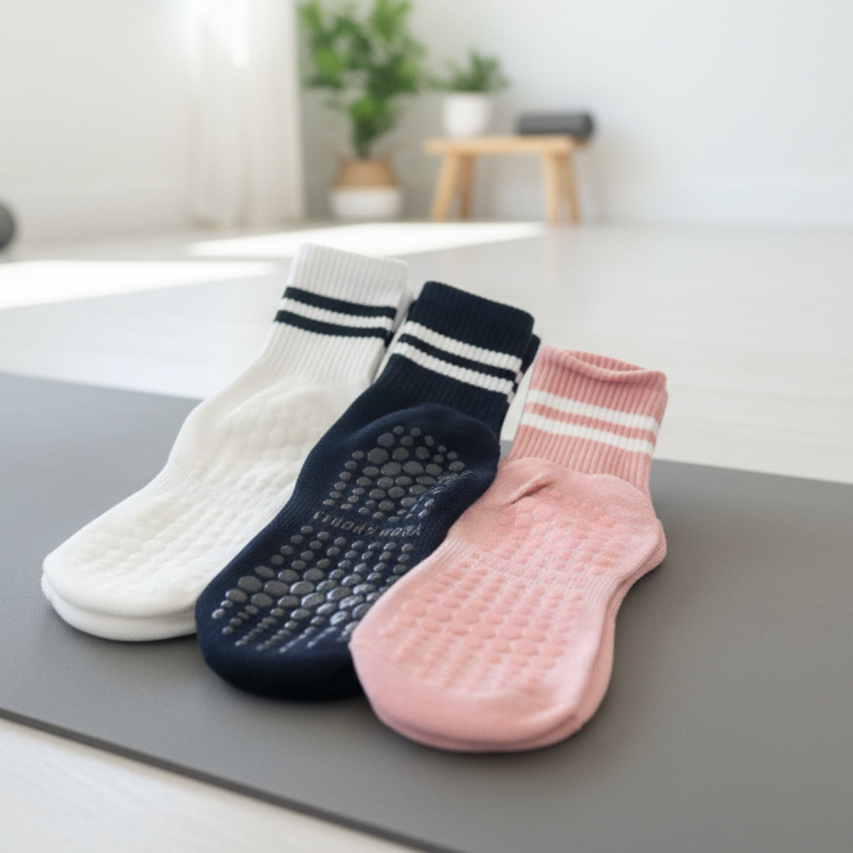 NAMASTE Grip Bottom Crew Socks 3-Pack Bundle with Wish Bracelet - Yoga & Pilates by Catherine Cole