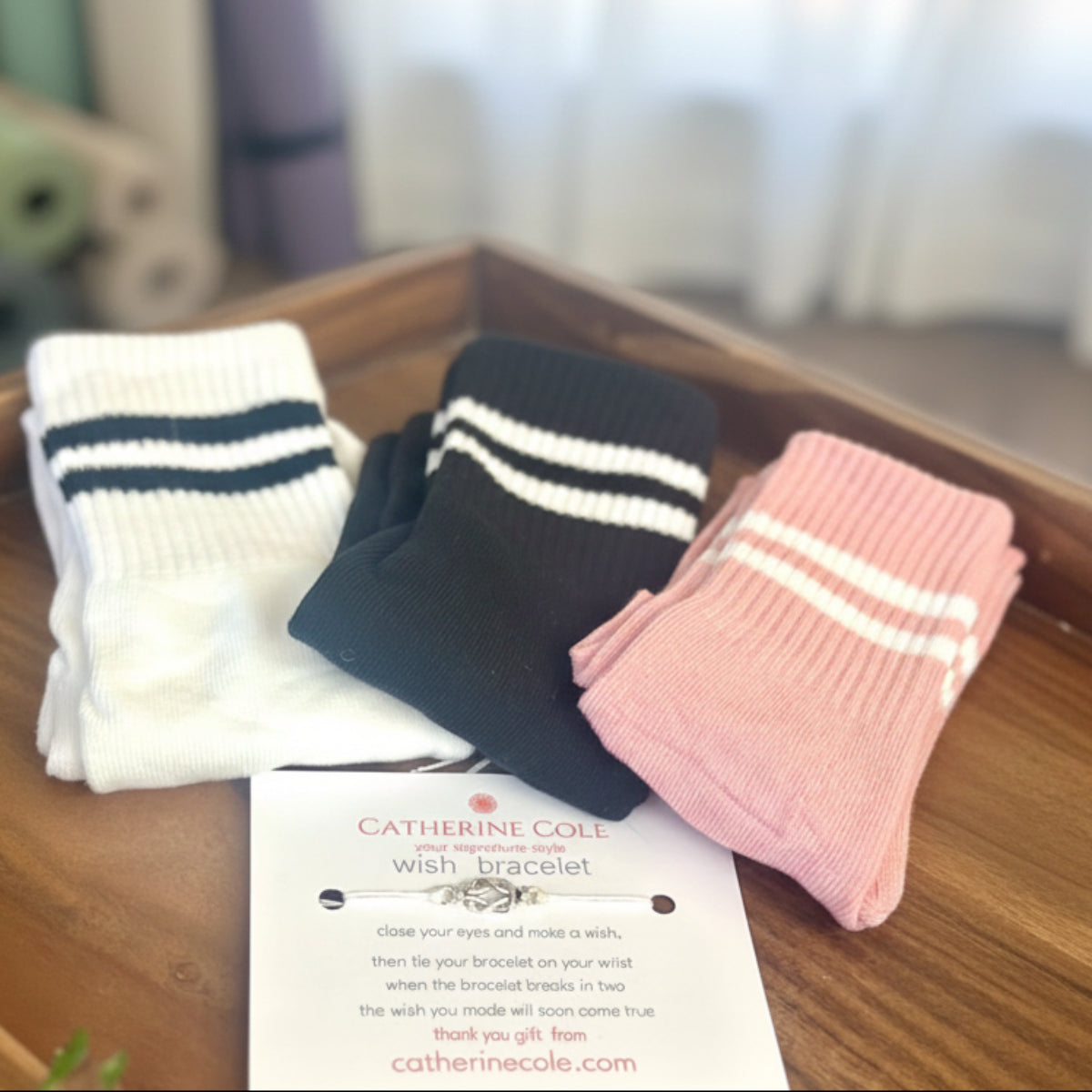 NAMASTE Grip Bottom Crew Socks 3-Pack Bundle with Wish Bracelet - Yoga & Pilates