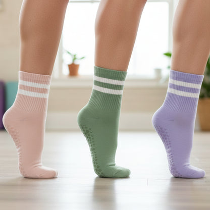 NAMASTE Grip Bottom Crew Socks 3-Pack Pastel Bundle with Wish Bracelet - Yoga & Pilates