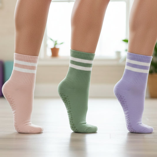 NAMASTE Grip Bottom Crew Socks 3-Pack Pastel Bundle with Wish Bracelet - Yoga & Pilates