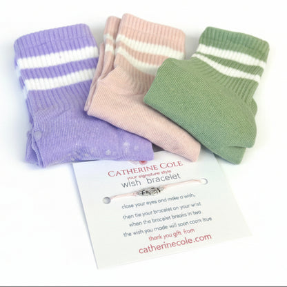 NAMASTE Grip Bottom Crew Socks 3-Pack Pastel Bundle with Wish Bracelet - Yoga & Pilates