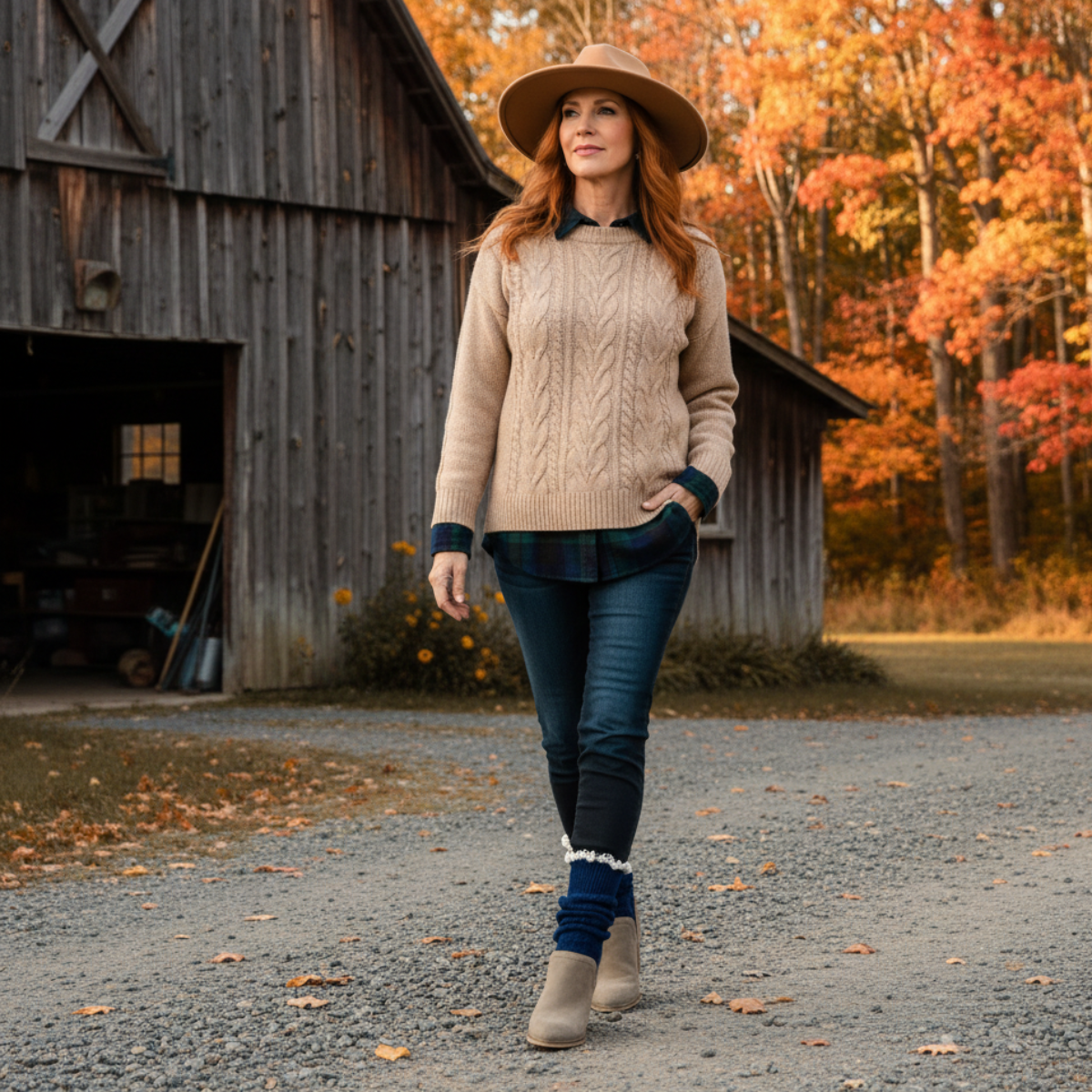 Woman walking in a autumnal setting with a barn and trees in the background, how to style Catherine Cole lace socks for women