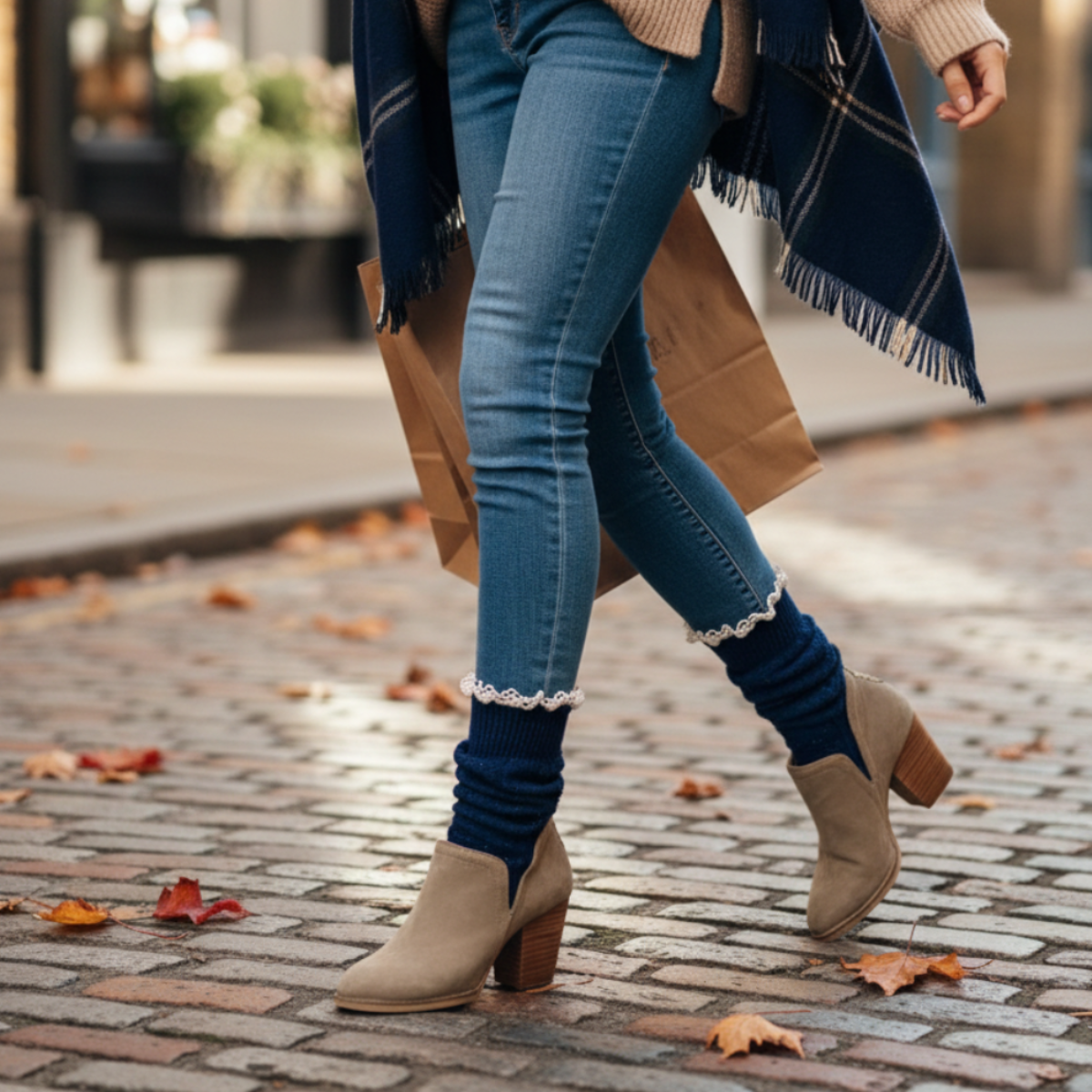 Navy lace slouch boot socks for women, styled by Catherine Cole socks