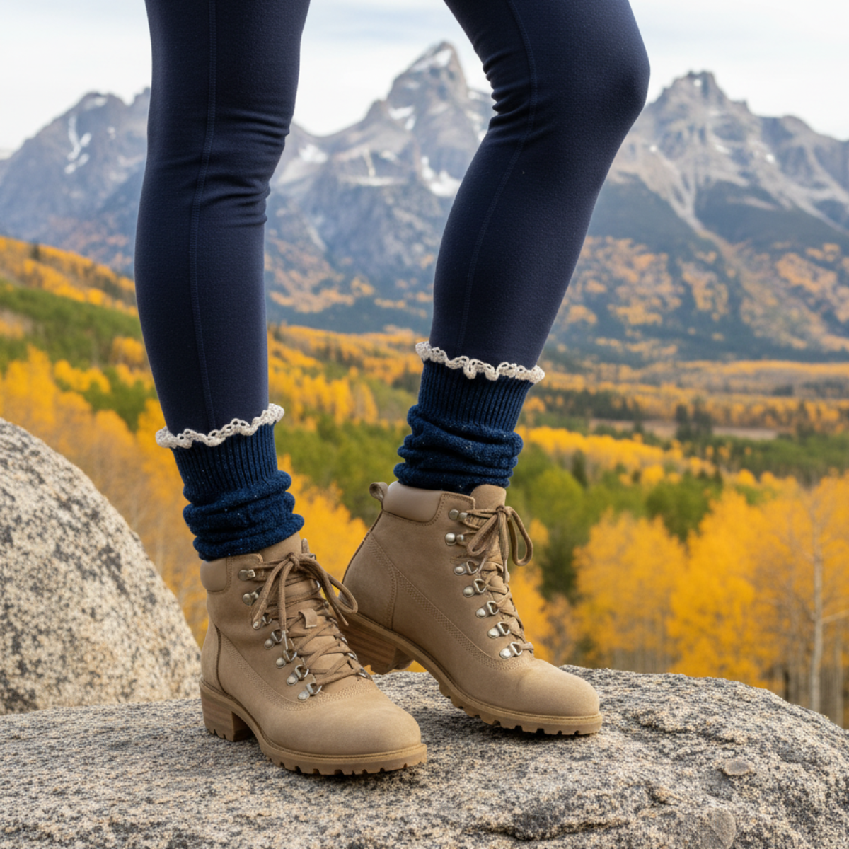 navy lace ankle  short boot socks,standing on a rock with autumn foliage and mountains in the background.