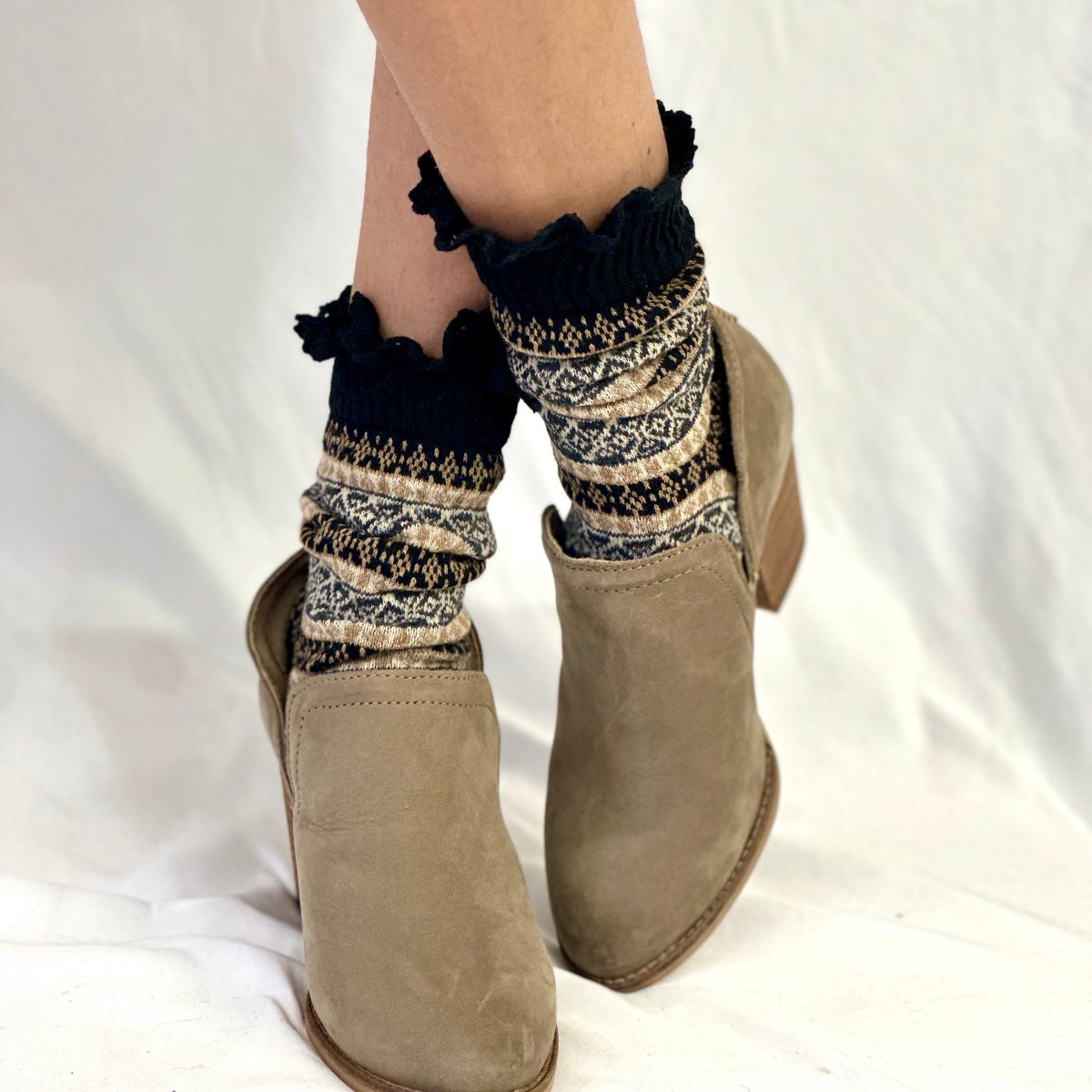 NORDIC design lace topped socks -black, Catherine Cole signature socks for women