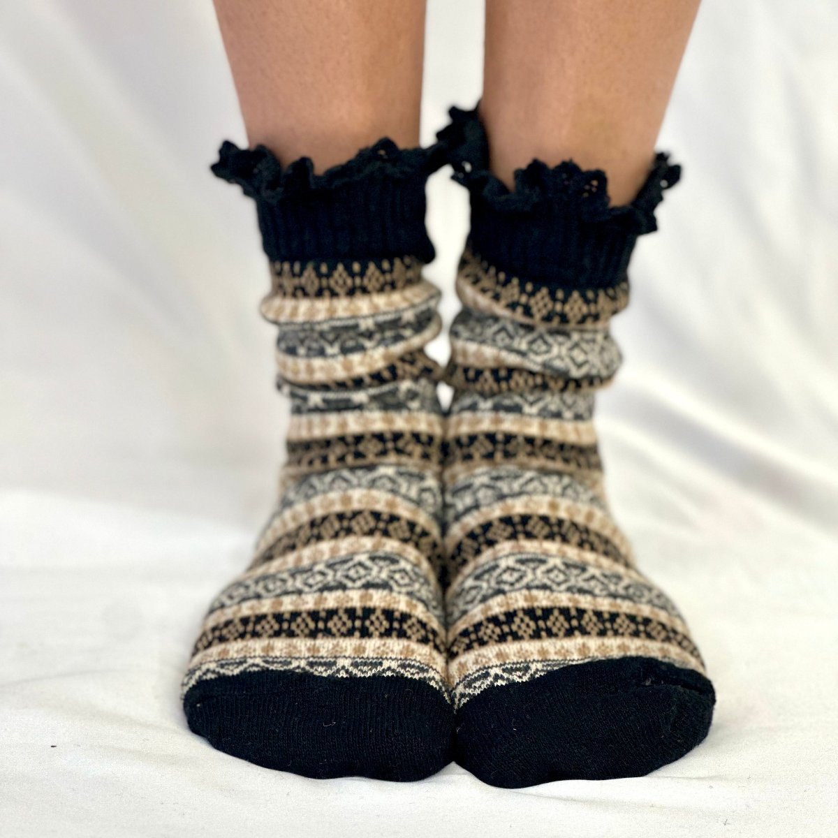 NORDIC design lace topped socks -black, Catherine Cole signature socks for women