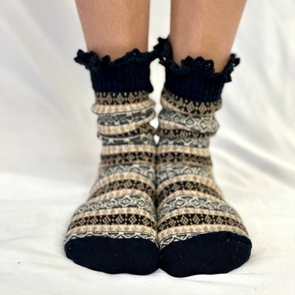 NORDIC design lace topped socks -black, Catherine Cole signature socks for women