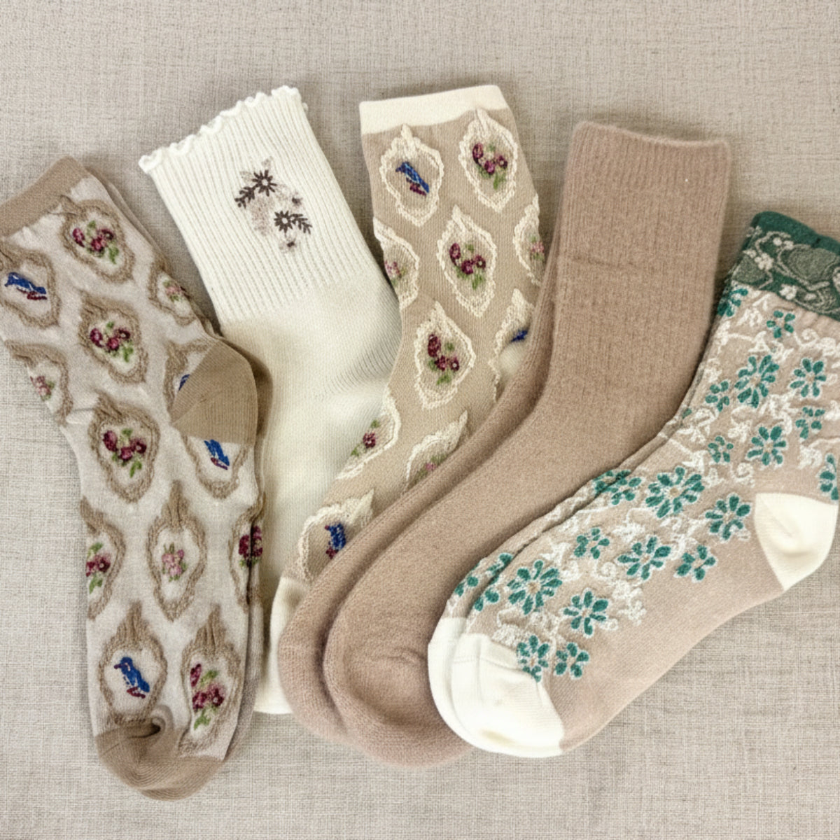 Neutral Botanical 5-Pair Sock Bundle | Studio Clearance | Women's Crew Socks Size 6–9