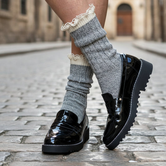 ORGANIC Lace Boot Crew Socks Women's - Grey | Made in USA Catherine cole