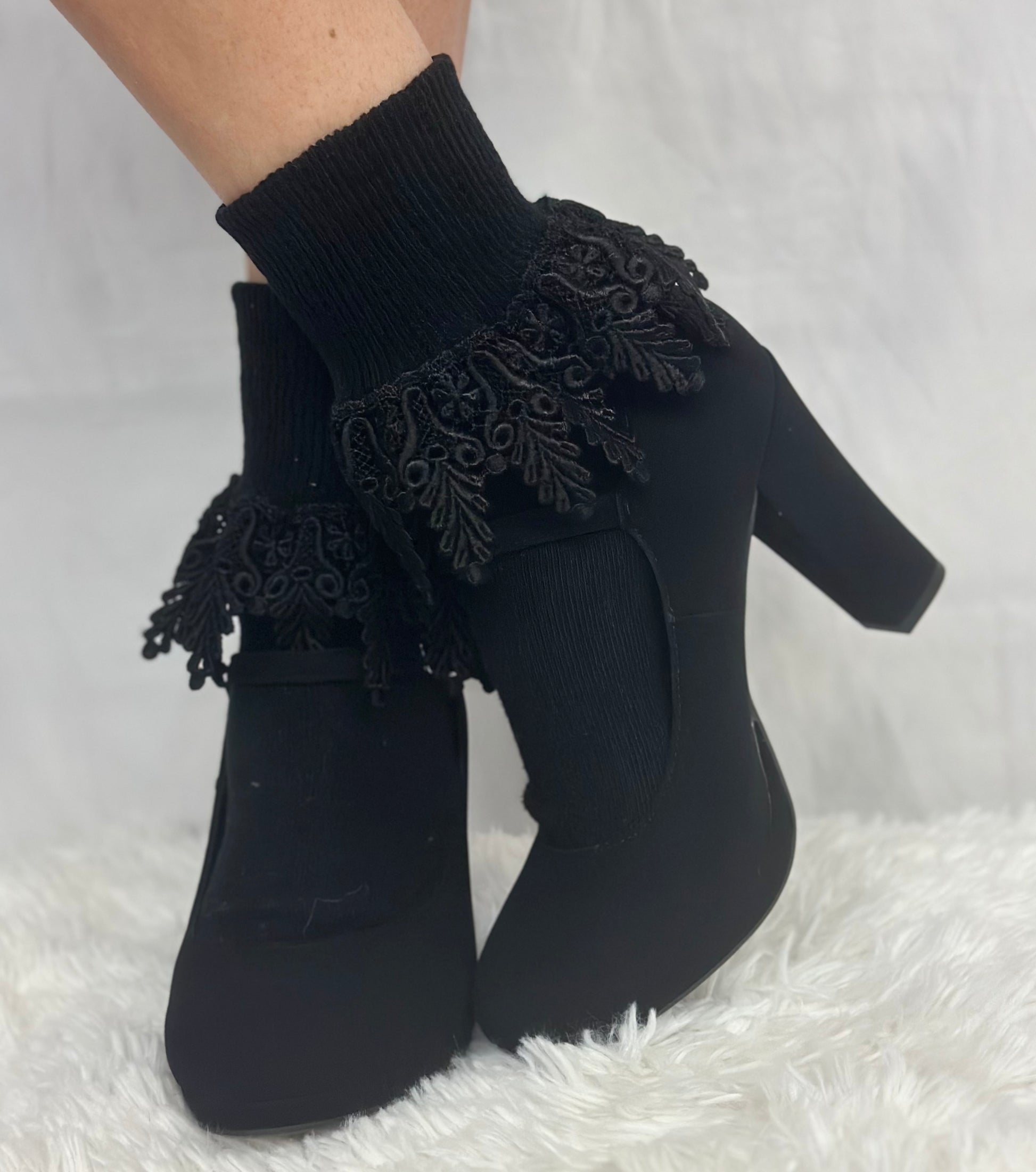 black original long lace cuff socks for women by Catherine Cole
