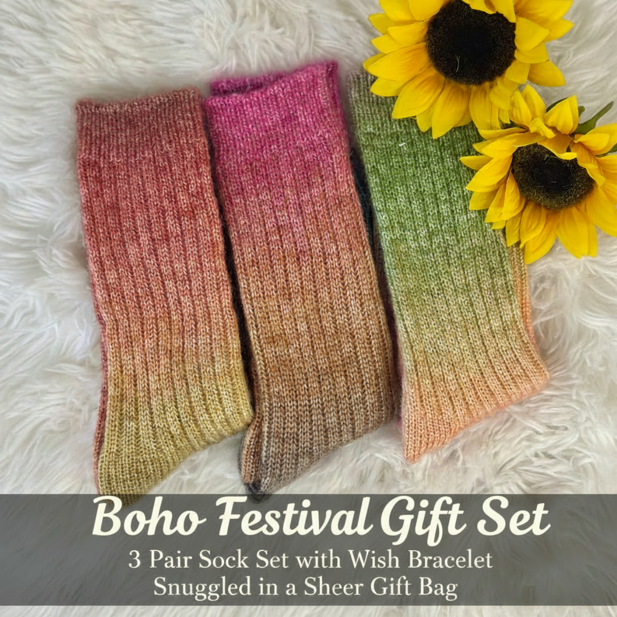 Three pairs of ribbed knit socks in gradient colors are arranged on a white faux fur background with yellow sunflowers. Text at the bottom reads 'Flower Girl Gift Set' and describes a 3 pair sock set with a wish bracelet.