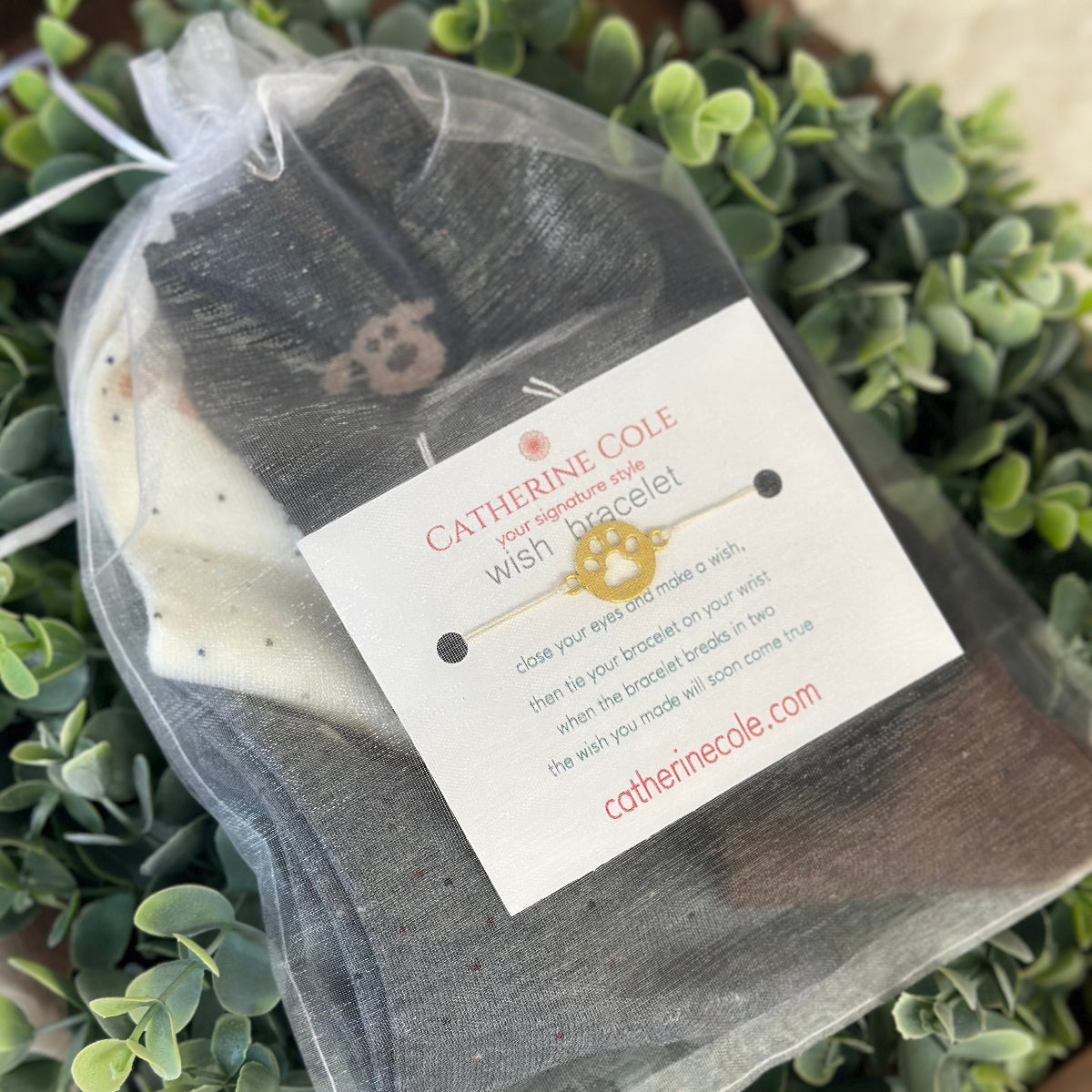 Catherine Cole wish bracelet packaging with a label on a green leafy background