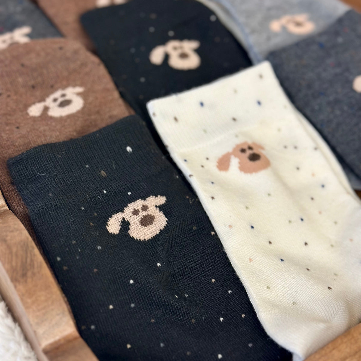 Collection of socks with dog and paw prints on a wooden surface, PAW-SOME 5-Pack Dog Novelty Socks + Paw Wish Bracelet | Women's 6-9
