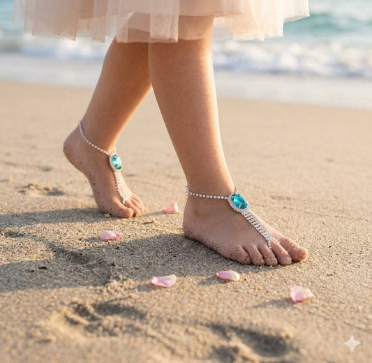 Pair of Aquamarine Rhinestone Flower Girl Barefoot Sandals • Beach Wedding Foot Jewelry
