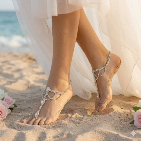 Pair of Classic Silver Rhinestone Barefoot Sandals • BRIDE Wedding Foot Jewelry