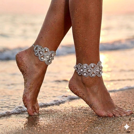 Pair of Silver Rhinestone Bridal Ankle Bracelets •  Wedding Foot Jewelry