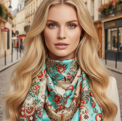Woman wearing a colorful patterned scarf in an urban setting,, Paisley Silk-Look Square Scarf 35" | Floral Satin Scarf peacock teal
