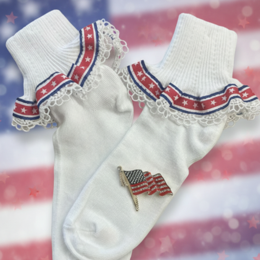 Patriotic Lace Sock & American Flag Pin Gift Set | Stars & Stripes Cuff Socks