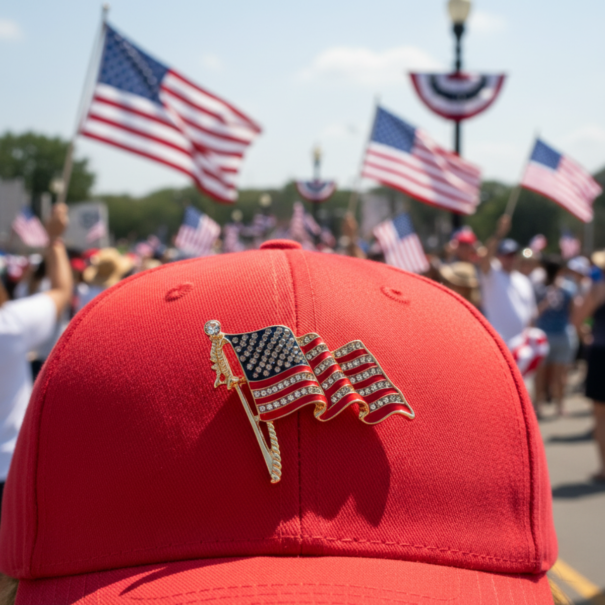 Red cap with American flag pin in a crowd with American flags
