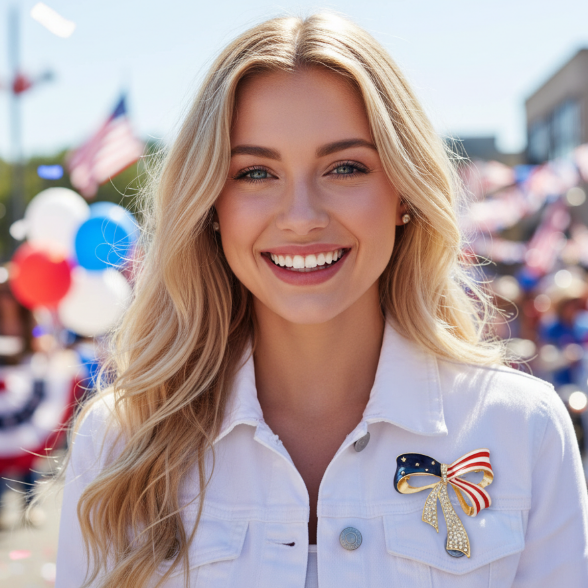 Woman wearing a white jacket with an American flag brooch in a festive outdoor setting.
