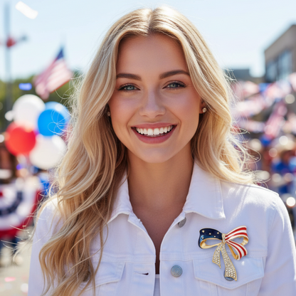 Woman wearing a white jacket with an American flag brooch in a festive outdoor setting.