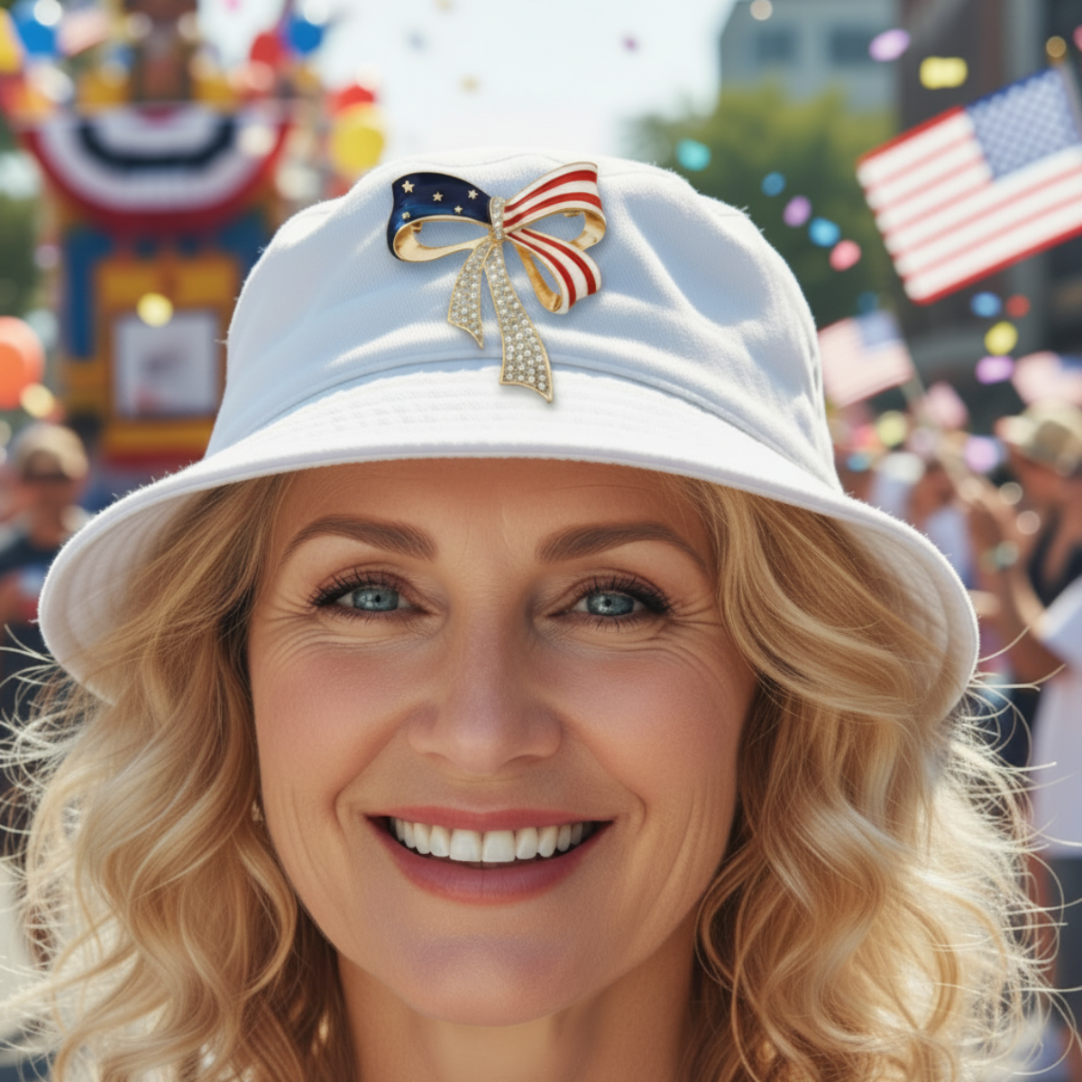 Woman wearing a white hat with a decorative bow, smiling in a festive outdoor setting.