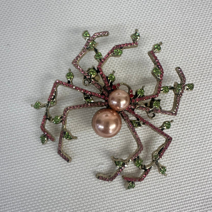 Decorative brooch with pink pearl and green beads on a light gray background,  Pearl & Crystal Spider Brooch Pin - Charlotte's Garden Vintage Jewelry