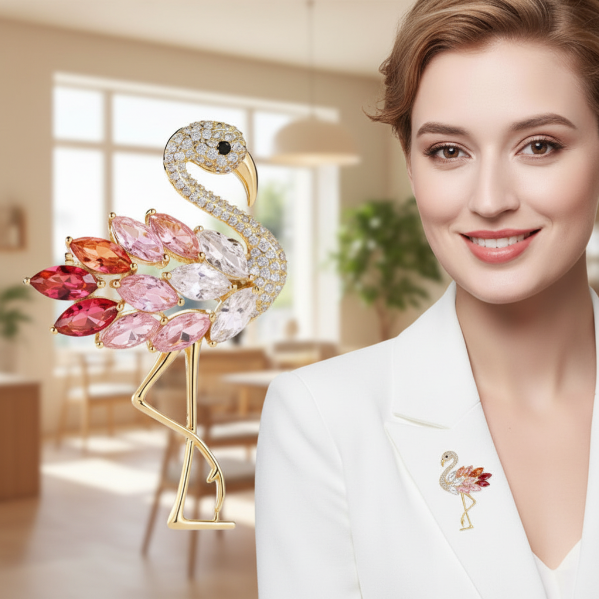 Woman wearing a white blazer with a colorful flamingo brooch, indoors. Pink Rhinestone Flamingo Brooch Pin - Vintage Costume Bird Jewelry
