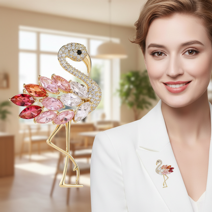 Woman wearing a white blazer with a colorful flamingo brooch, indoors. Pink Rhinestone Flamingo Brooch Pin - Vintage Costume Bird Jewelry
