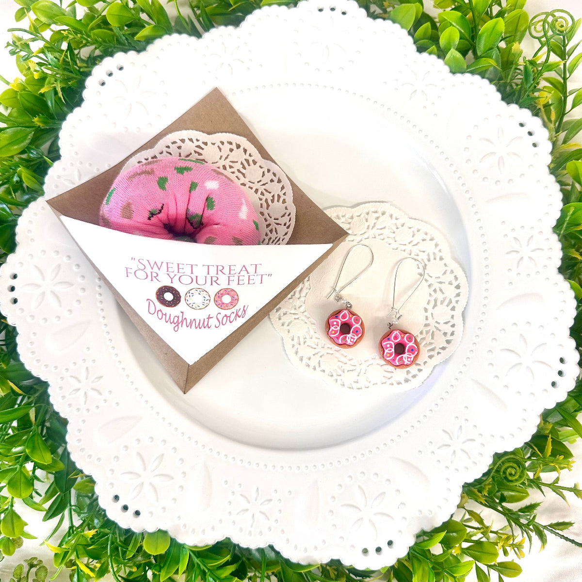 Pink doughnut sock in paper sleeve with matching handmade doughnut earrings – sweet treat gift set