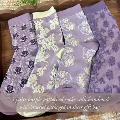 Purple Lovers Ankle Socks 3-Pack & Handmade Wish Bracelet Gift Bundle