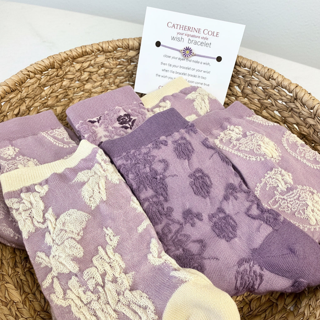 Purple Lovers 3-Pack Ankle Sock Bundle + Handmade Wish Bracelet | Novelty Socks by Catherine Cole